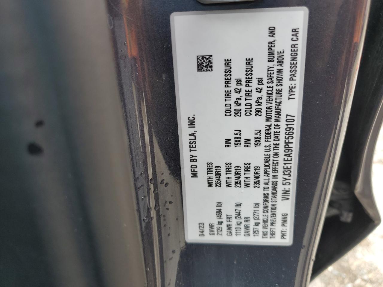 5YJ3E1EA9PF569107 2023 Tesla Model 3