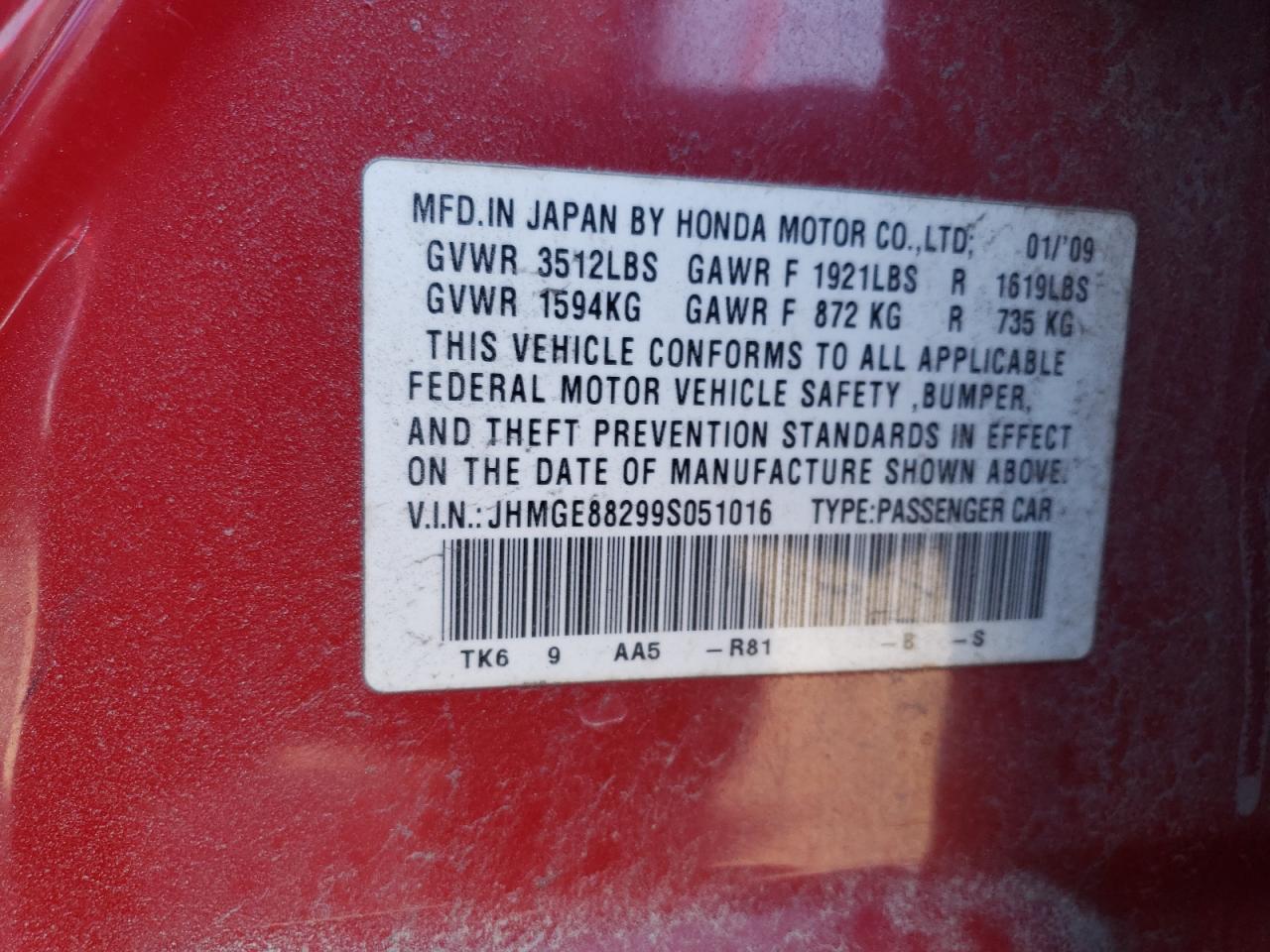 JHMGE88299S051016 2009 Honda Fit