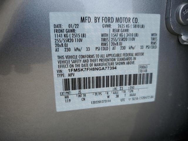 2022 Ford Explorer Limited VIN: 1FMSK7FH8NGA77394 Lot: 59838414