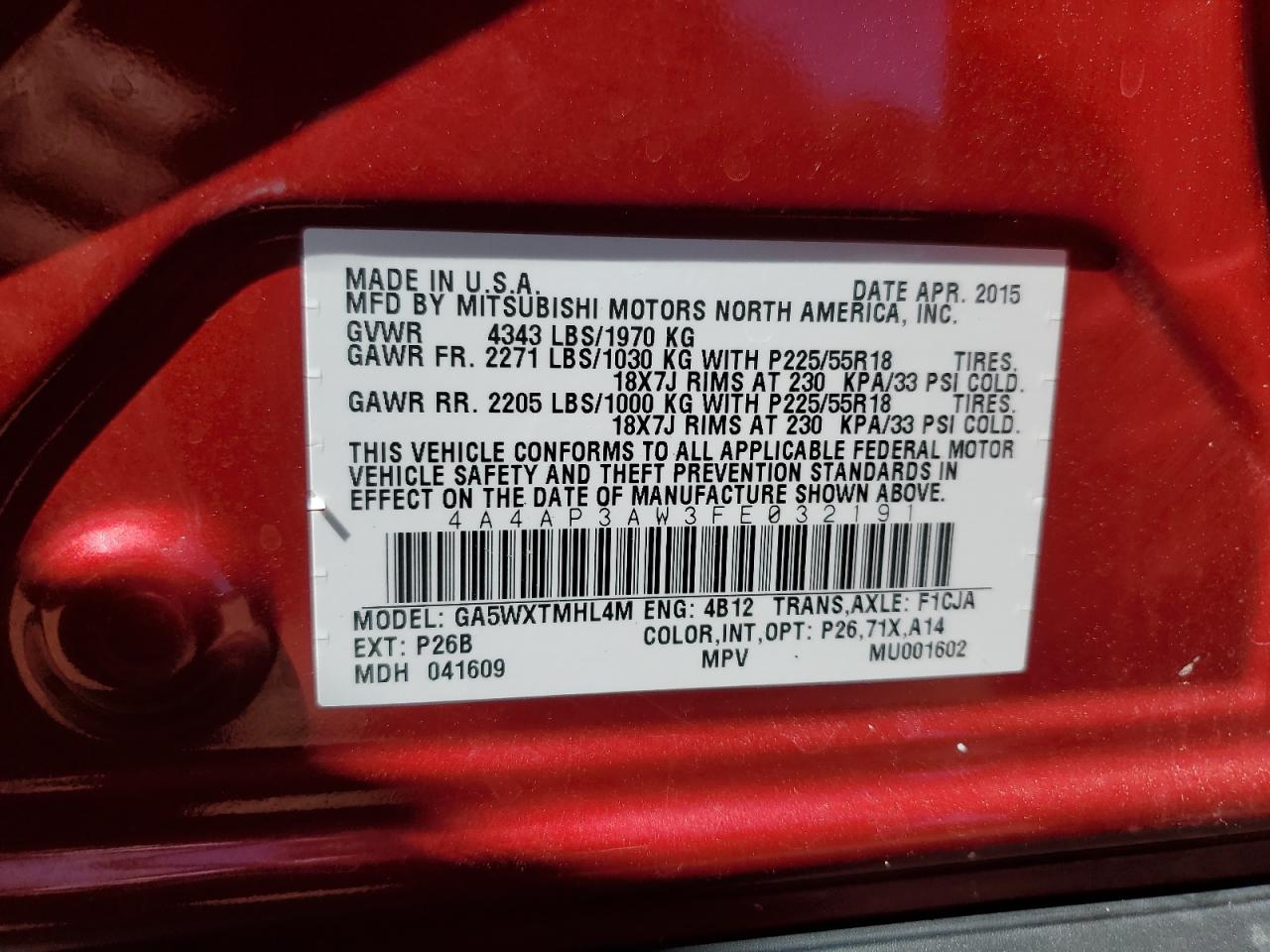 4A4AP3AW3FE032191 2015 Mitsubishi Outlander Sport Es