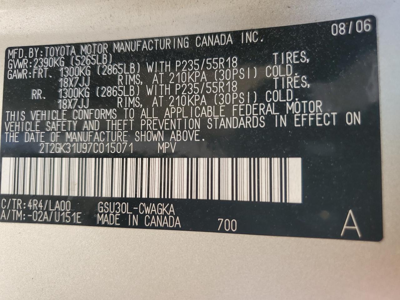 2T2GK31U97C015071 2007 Lexus Rx 350