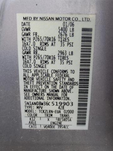 2006 Nissan Xterra Off Road VIN: 5N1AN08W36C519903 Lot: 59865344