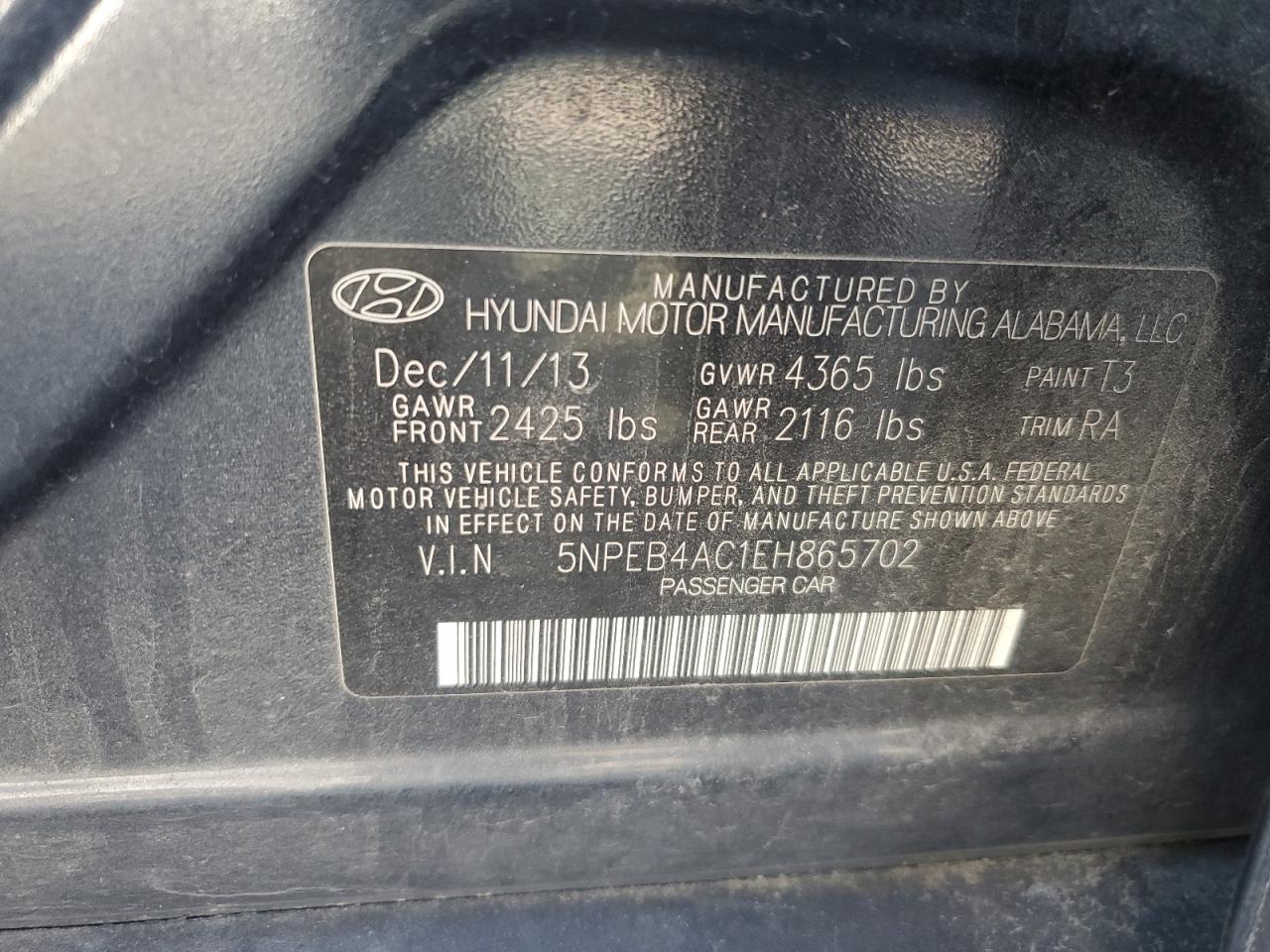 5NPEB4AC1EH865702 2014 Hyundai Sonata Gls