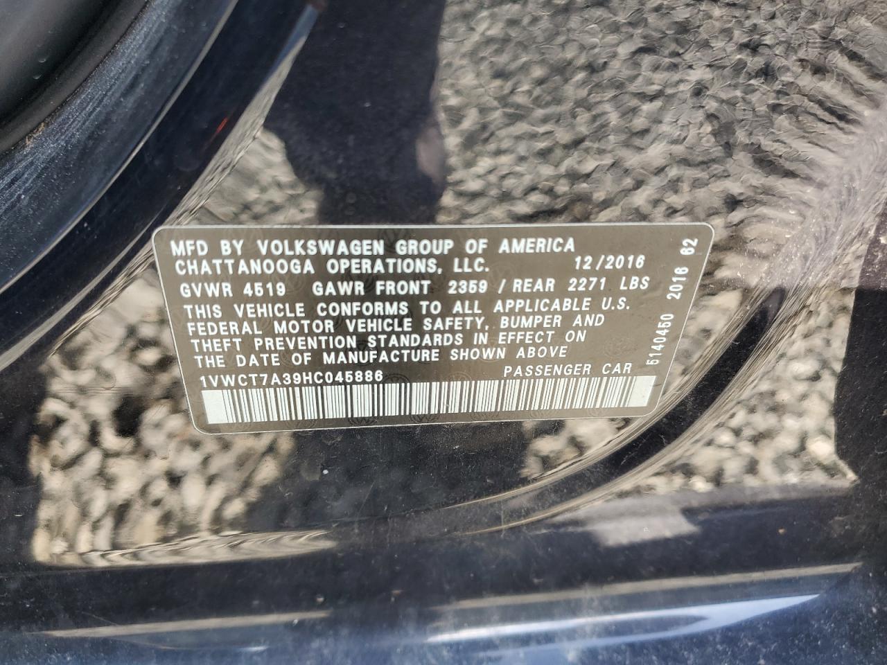 1VWCT7A39HC045886 2017 Volkswagen Passat Sel Premium