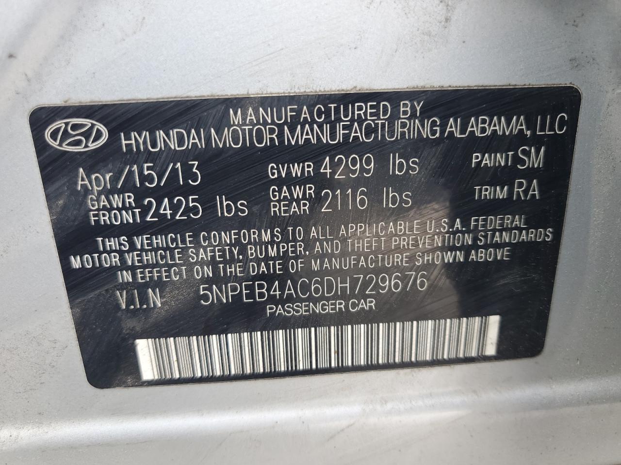 5NPEB4AC6DH729676 2013 Hyundai Sonata Gls