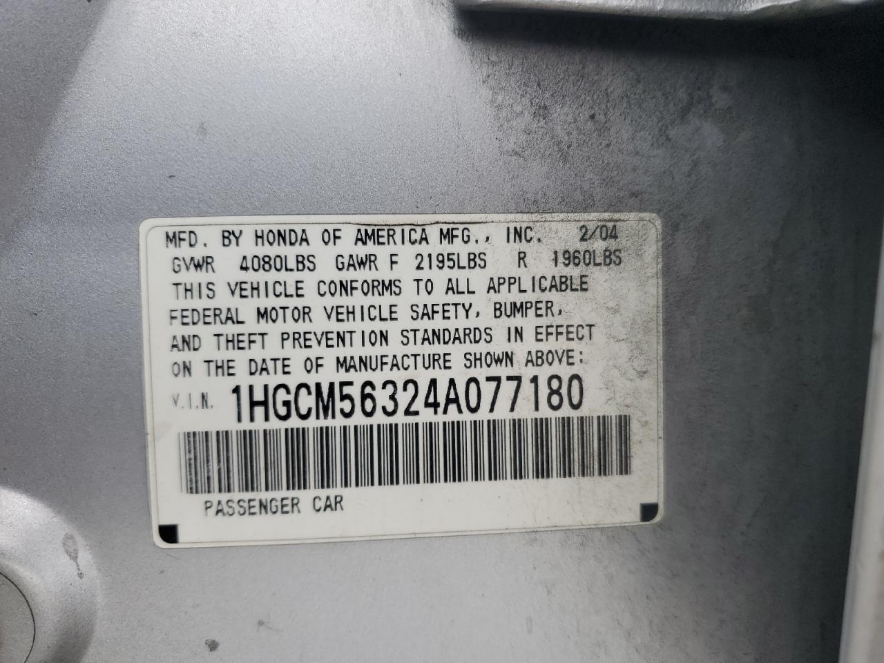 1HGCM56324A077180 2004 Honda Accord Lx