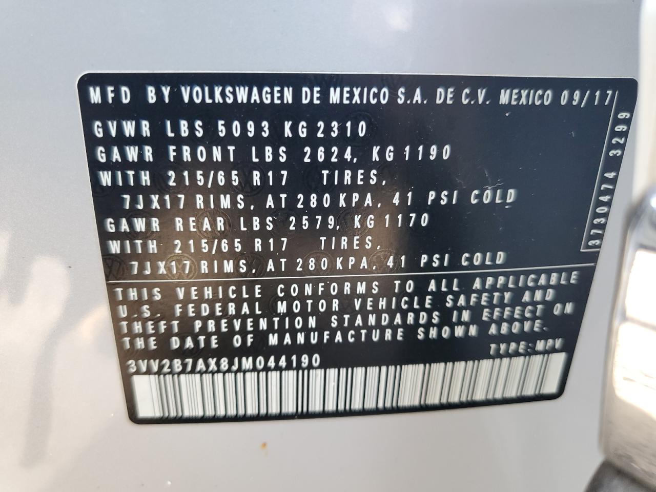 3VV2B7AX8JM044190 2018 Volkswagen Tiguan Se