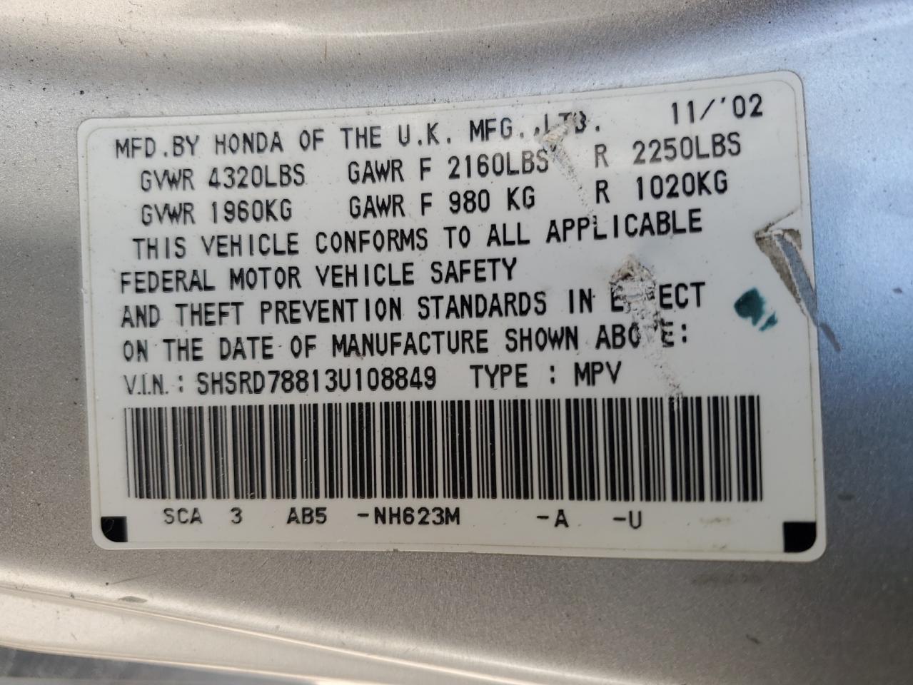 SHSRD78813U108849 2003 Honda Cr-V Ex