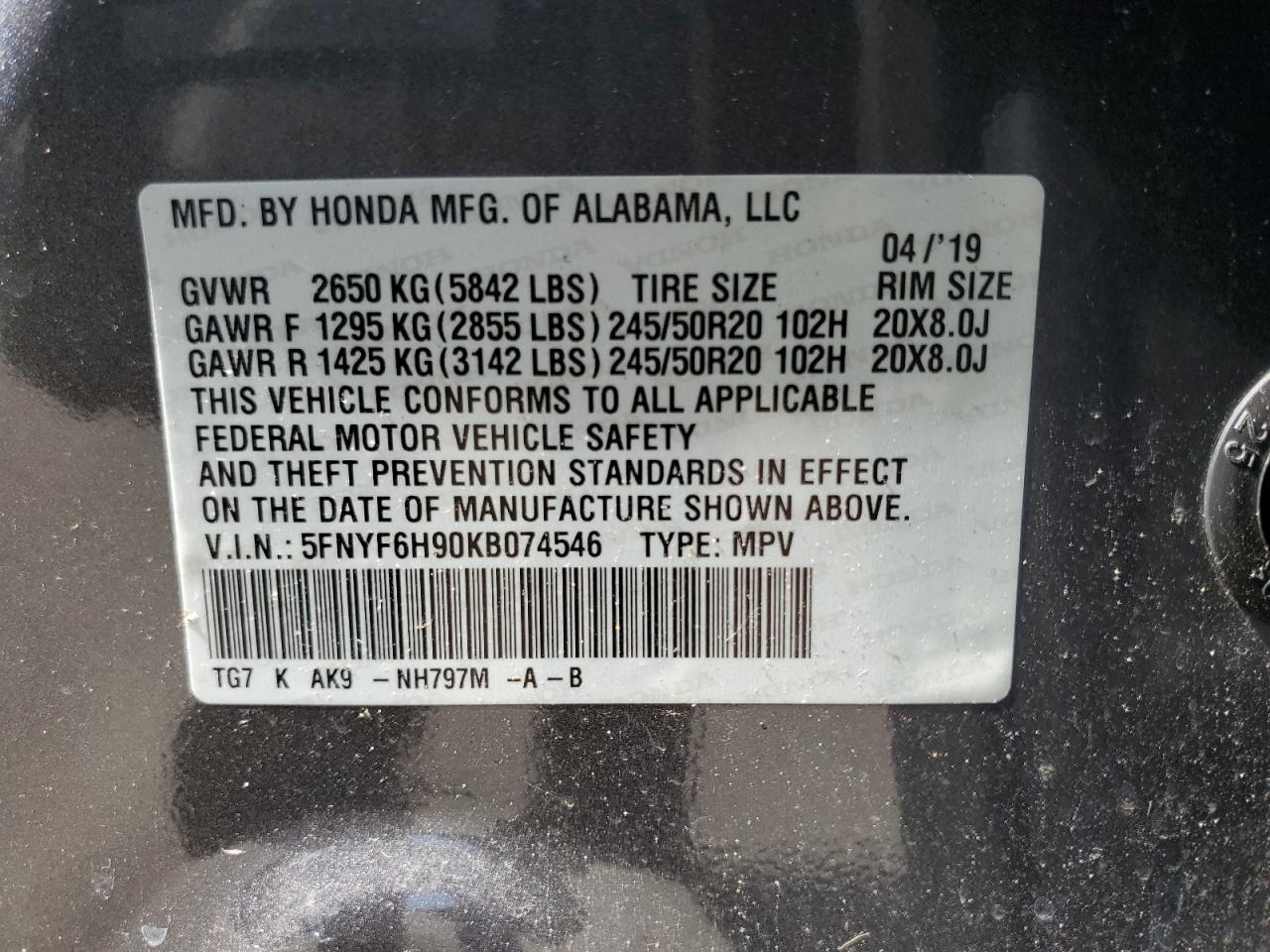 5FNYF6H90KB074546 2019 Honda Pilot Touring