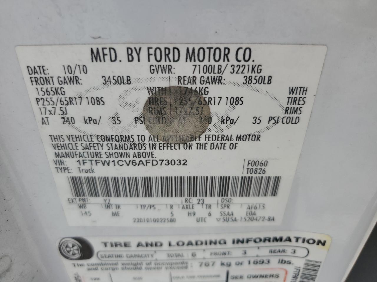 1FTFW1CV6AFD73032 2010 Ford F150 Supercrew