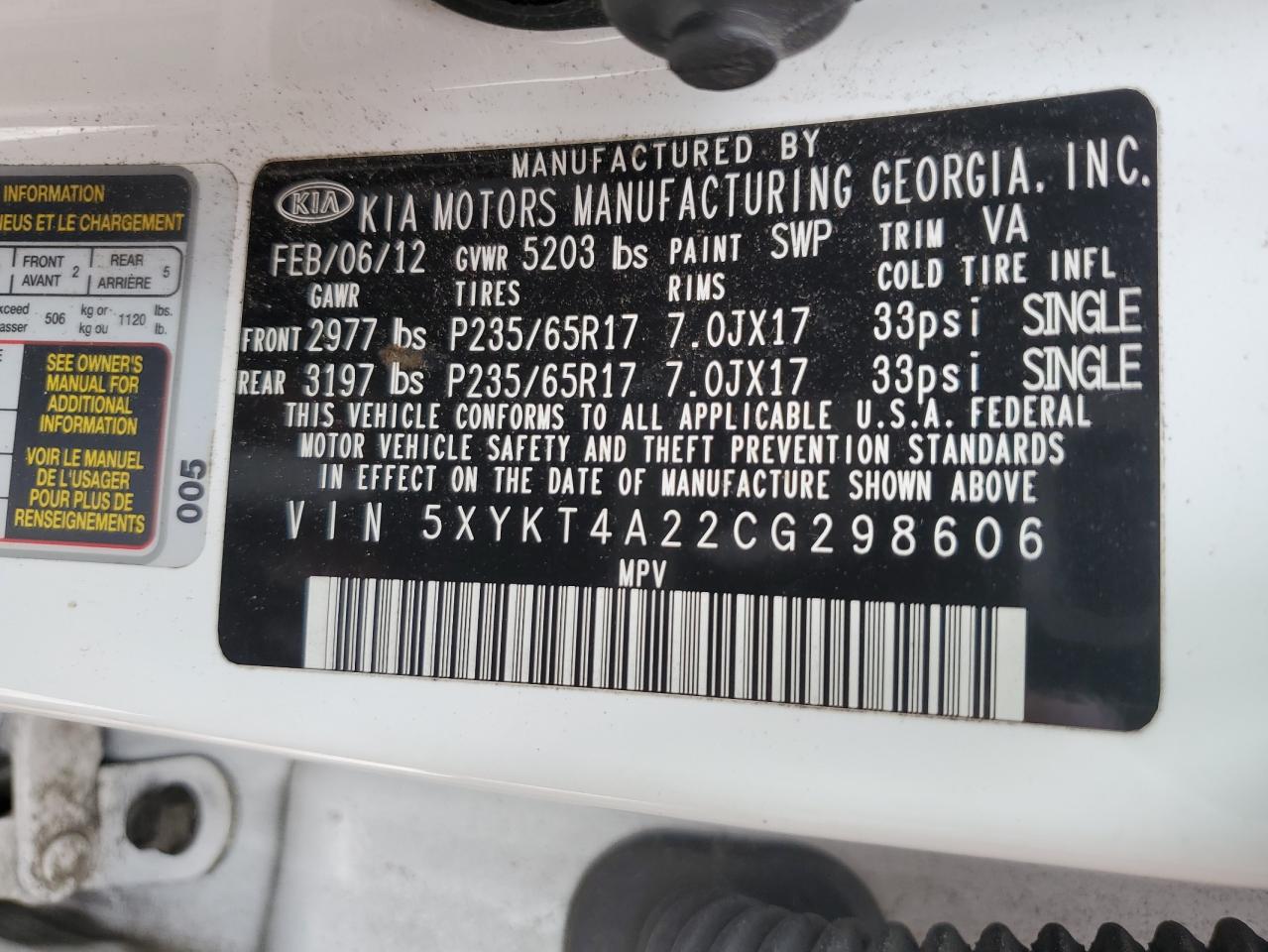 5XYKT4A22CG298606 2012 Kia Sorento Base