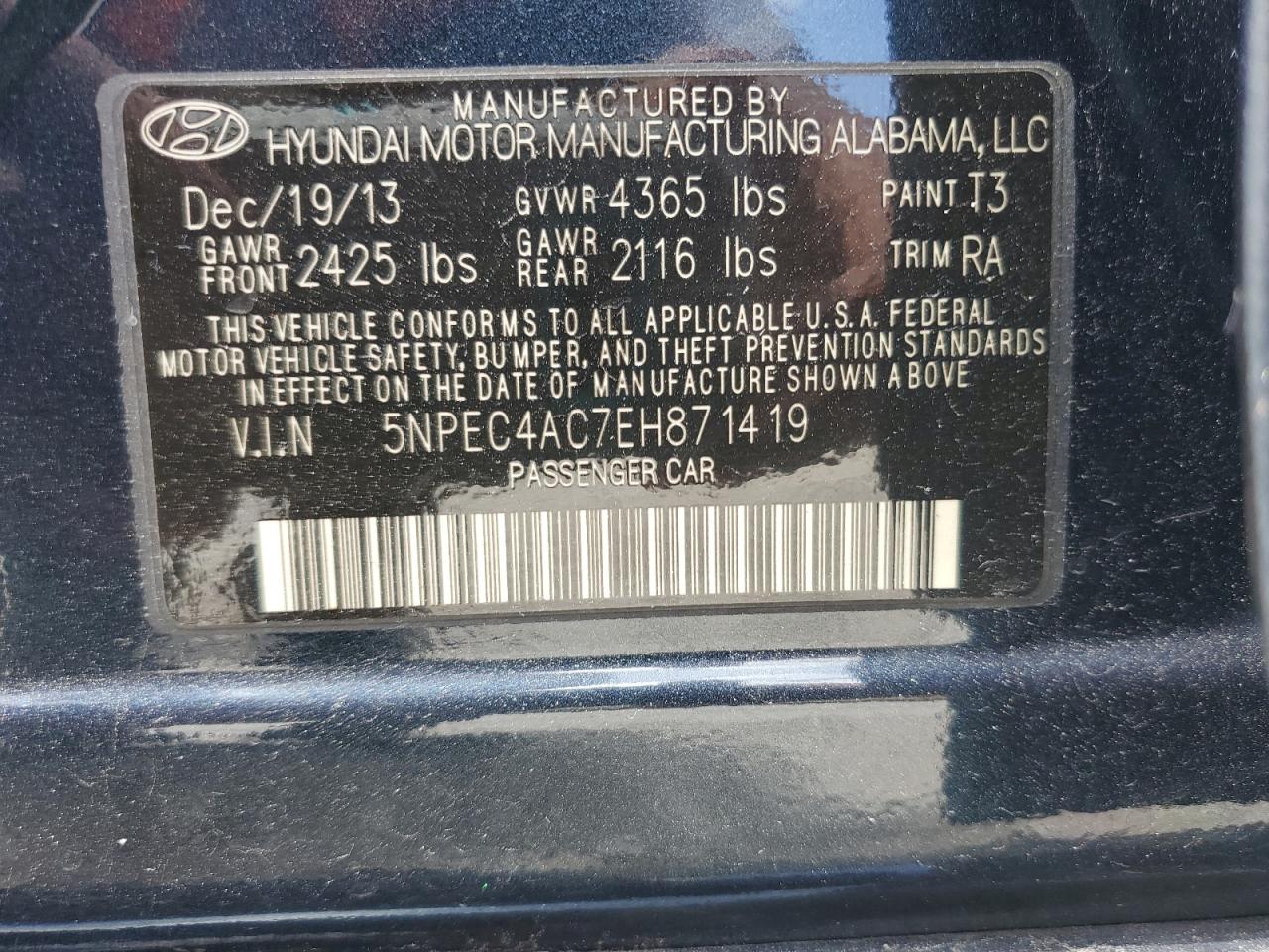 2014 Hyundai Sonata Se vin: 5NPEC4AC7EH871419