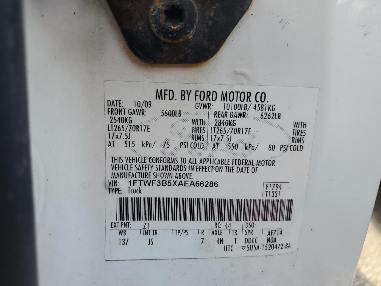 1FTWF3B5XAEA66286 2010 Ford F350 Super Duty