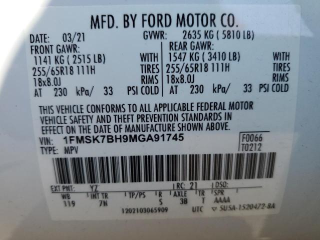 2021 Ford Explorer VIN: 1FMSK7BH9MGA91745 Lot: 60420774