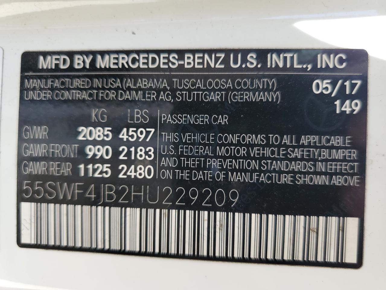 55SWF4JB2HU229209 2017 Mercedes-Benz C 300