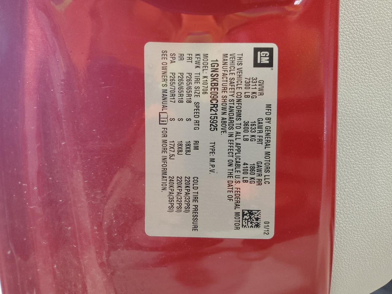 1GNSKBE09CR215925 2012 Chevrolet Tahoe K1500 Lt