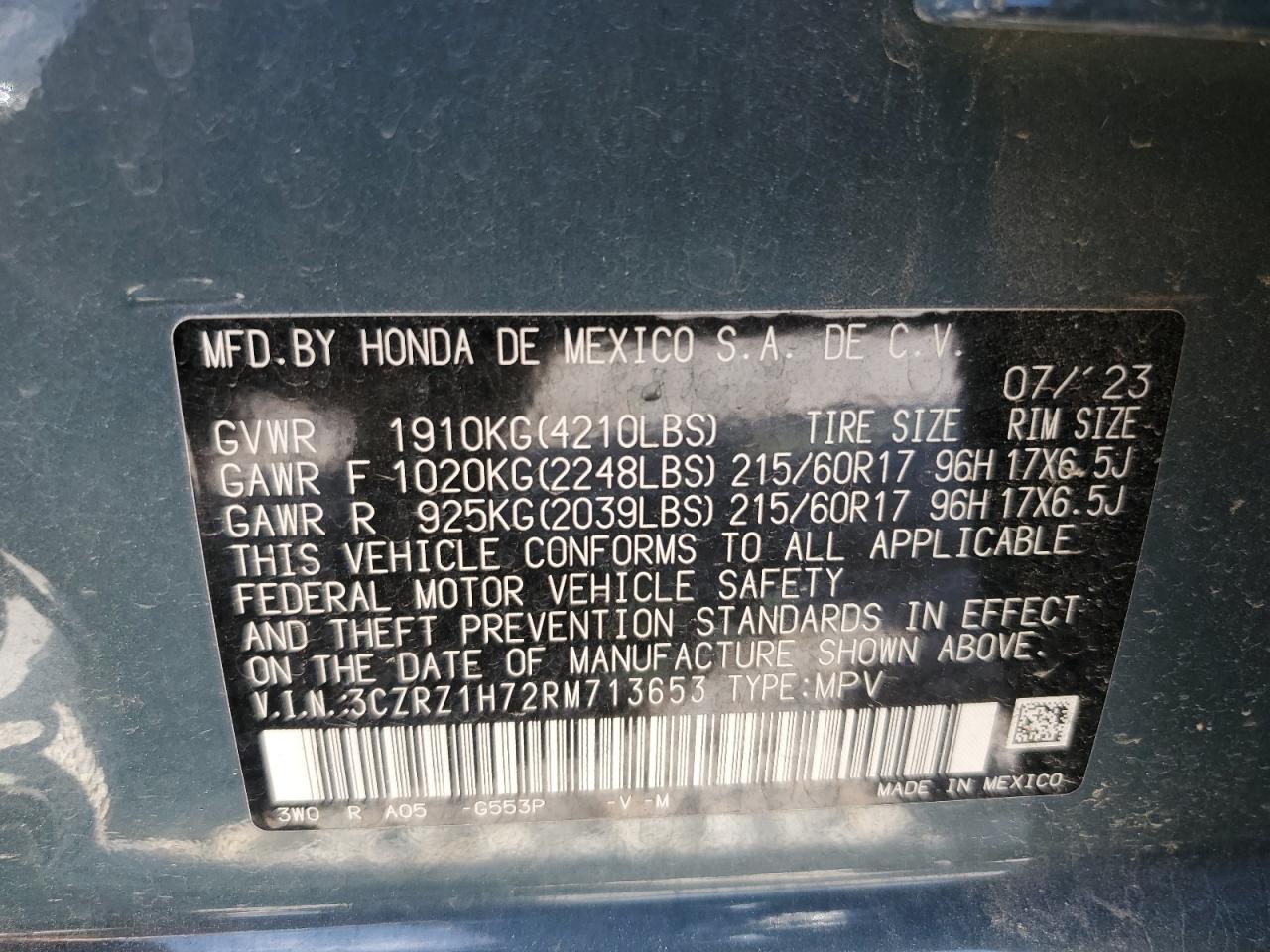 3CZRZ1H72RM713653 2024 Honda Hr-V Exl