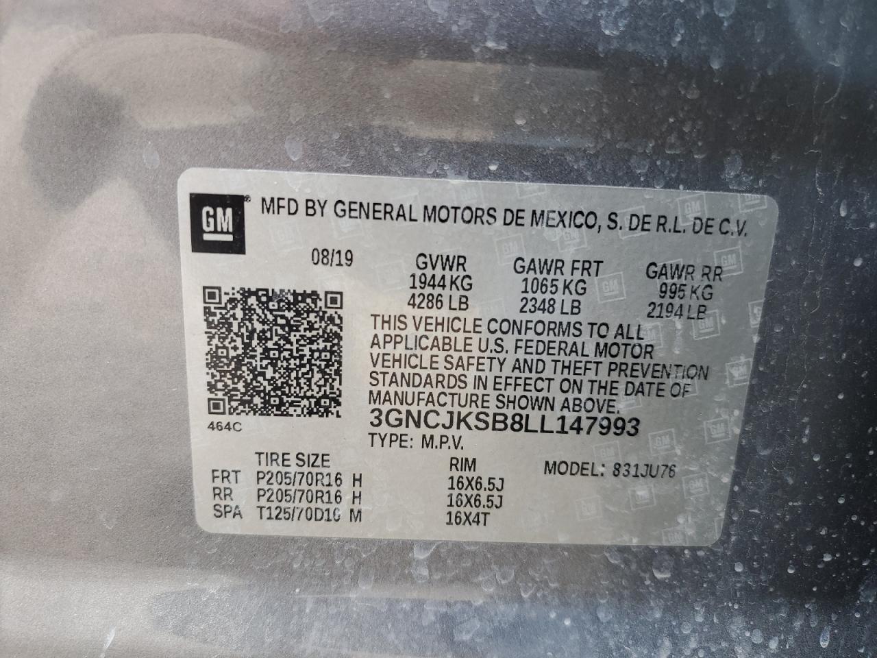 3GNCJKSB8LL147993 2020 Chevrolet Trax Ls