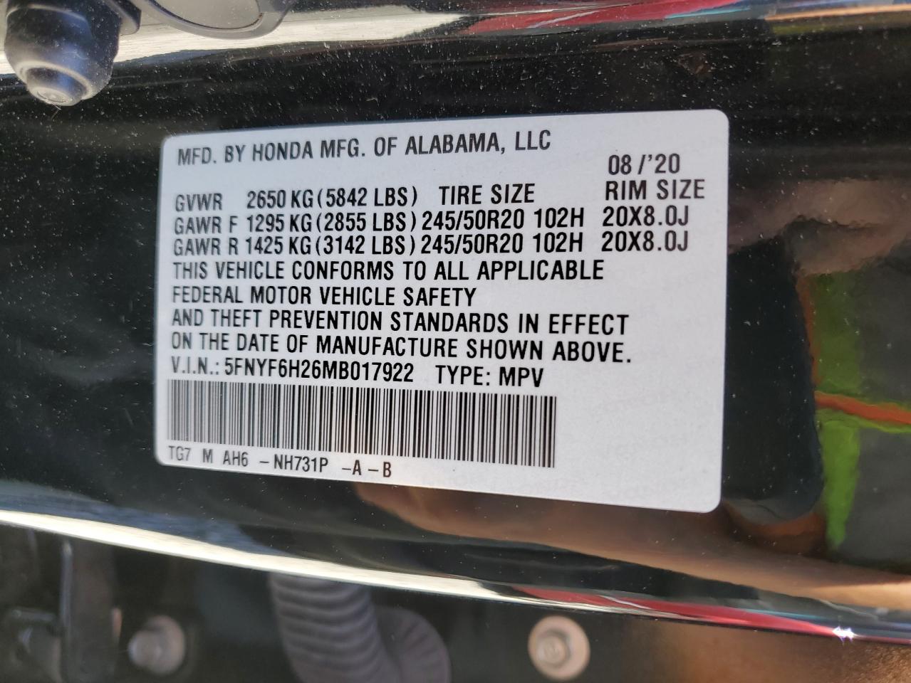 5FNYF6H26MB017922 2021 Honda Pilot Se