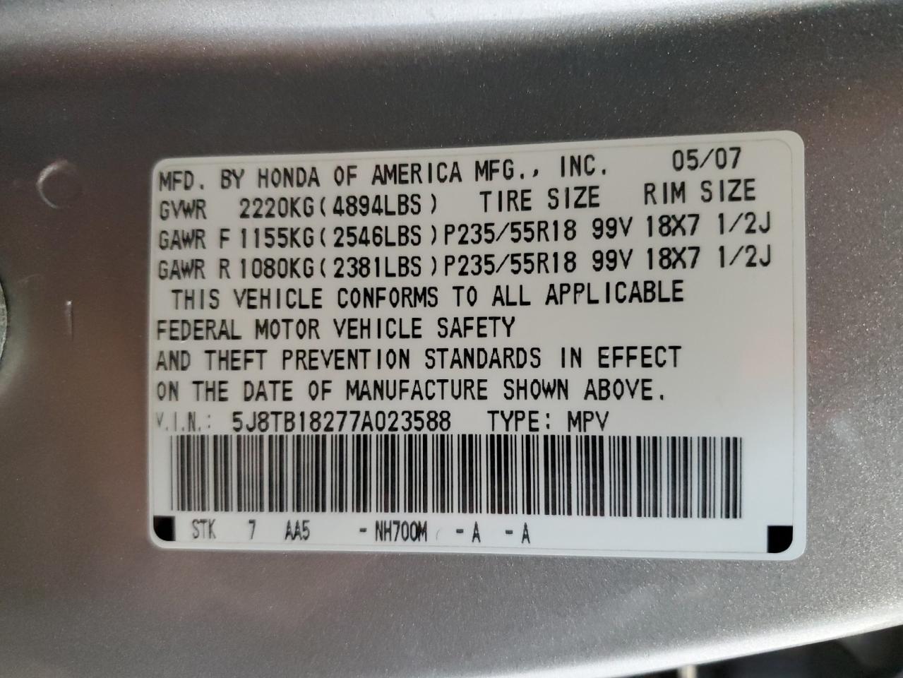 5J8TB18277A023588 2007 Acura Rdx