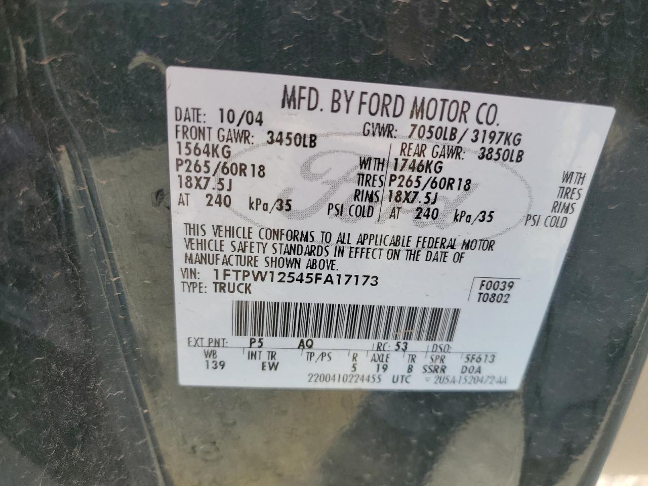 1FTPW12545FA17173 2005 Ford F150 Supercrew