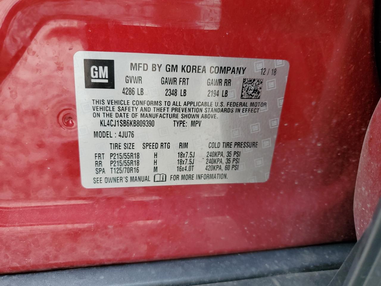 KL4CJ1SB6KB809390 2019 Buick Encore Sport Touring