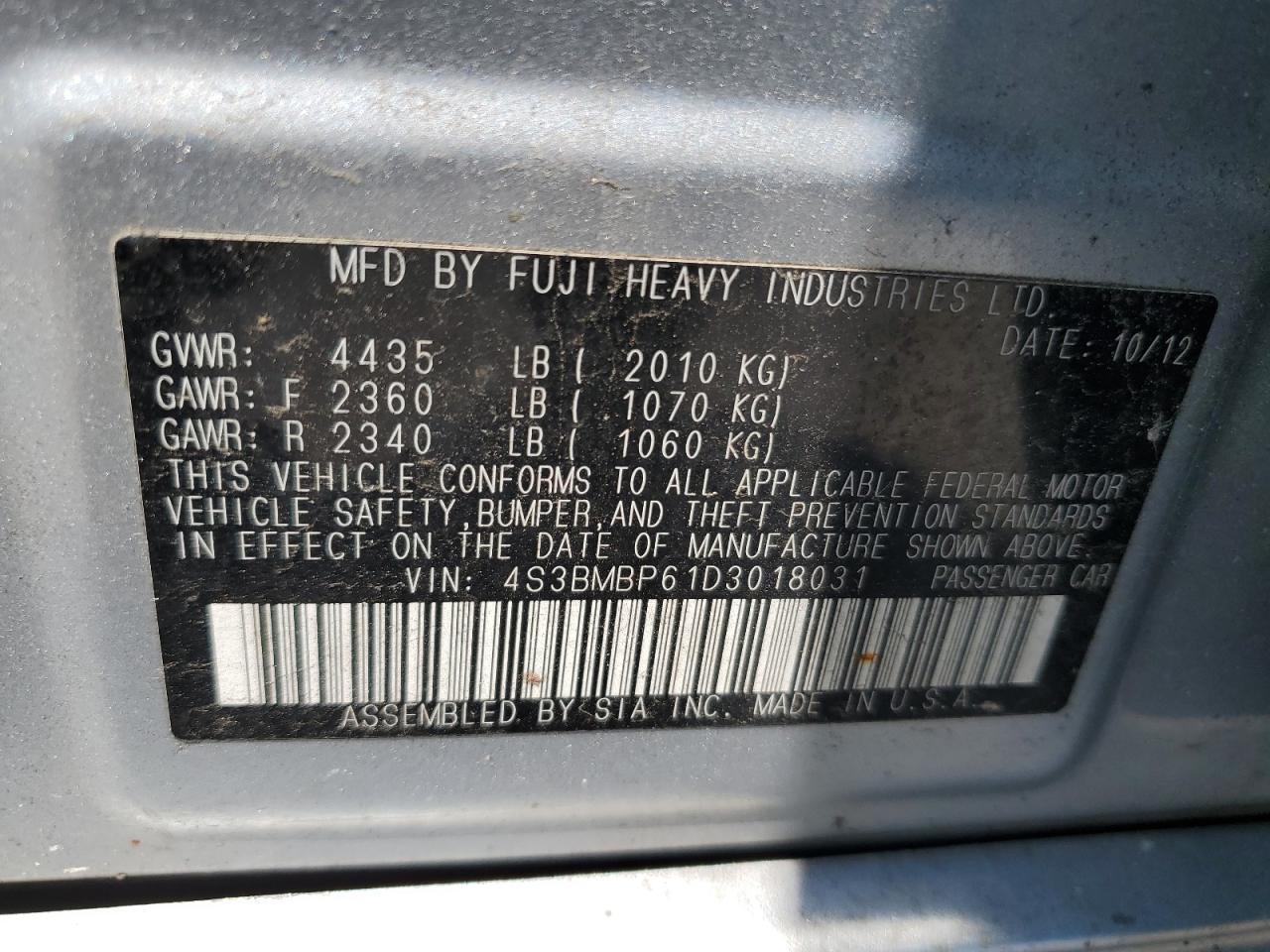 4S3BMBP61D3018031 2013 Subaru Legacy 2.5I Limited