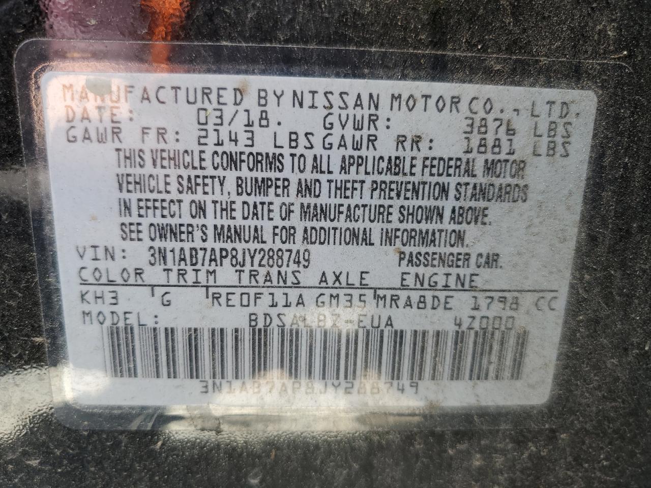 3N1AB7AP8JY288749 2018 Nissan Sentra S