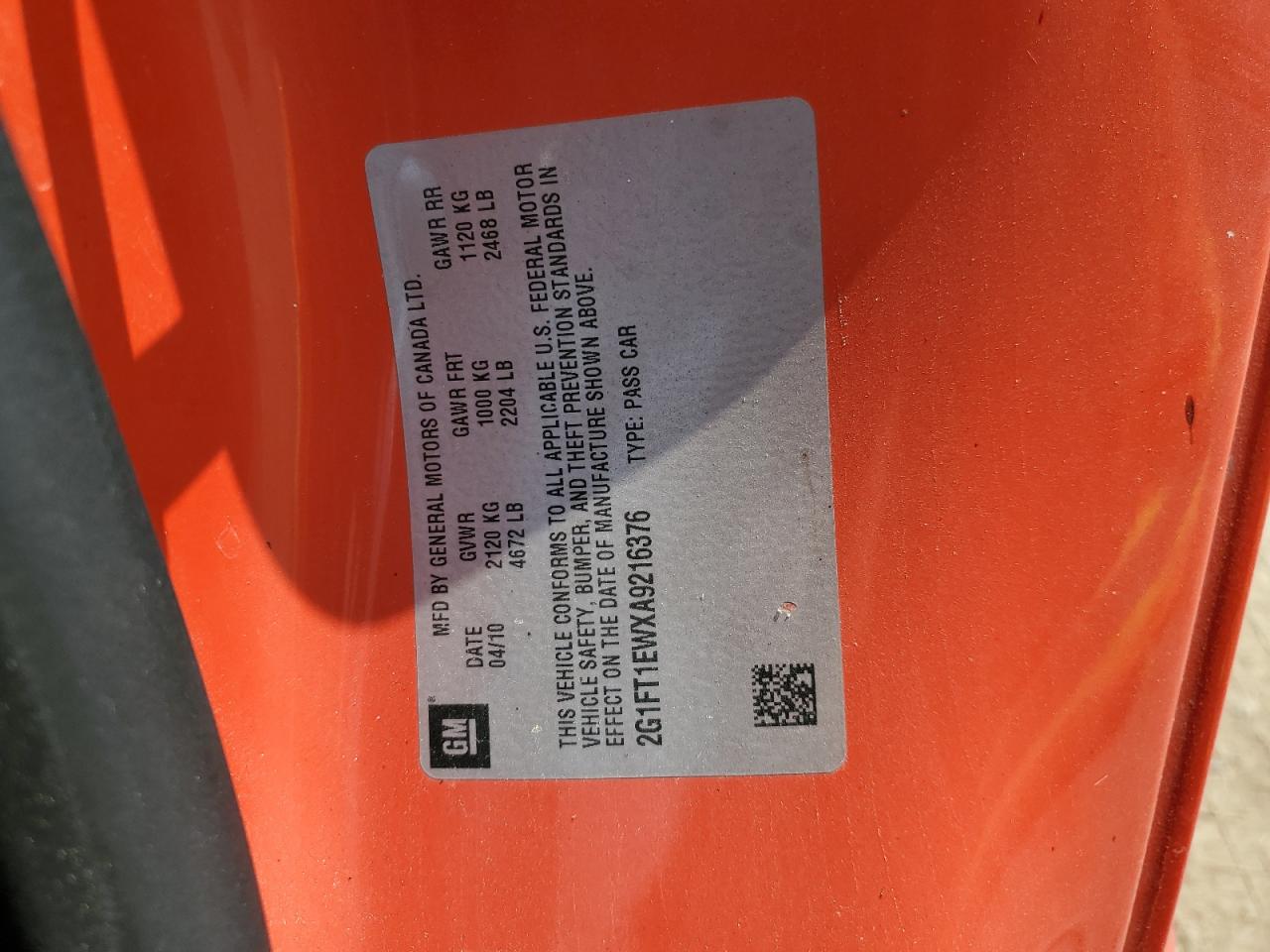 2G1FT1EWXA9216376 2010 Chevrolet Camaro Ss