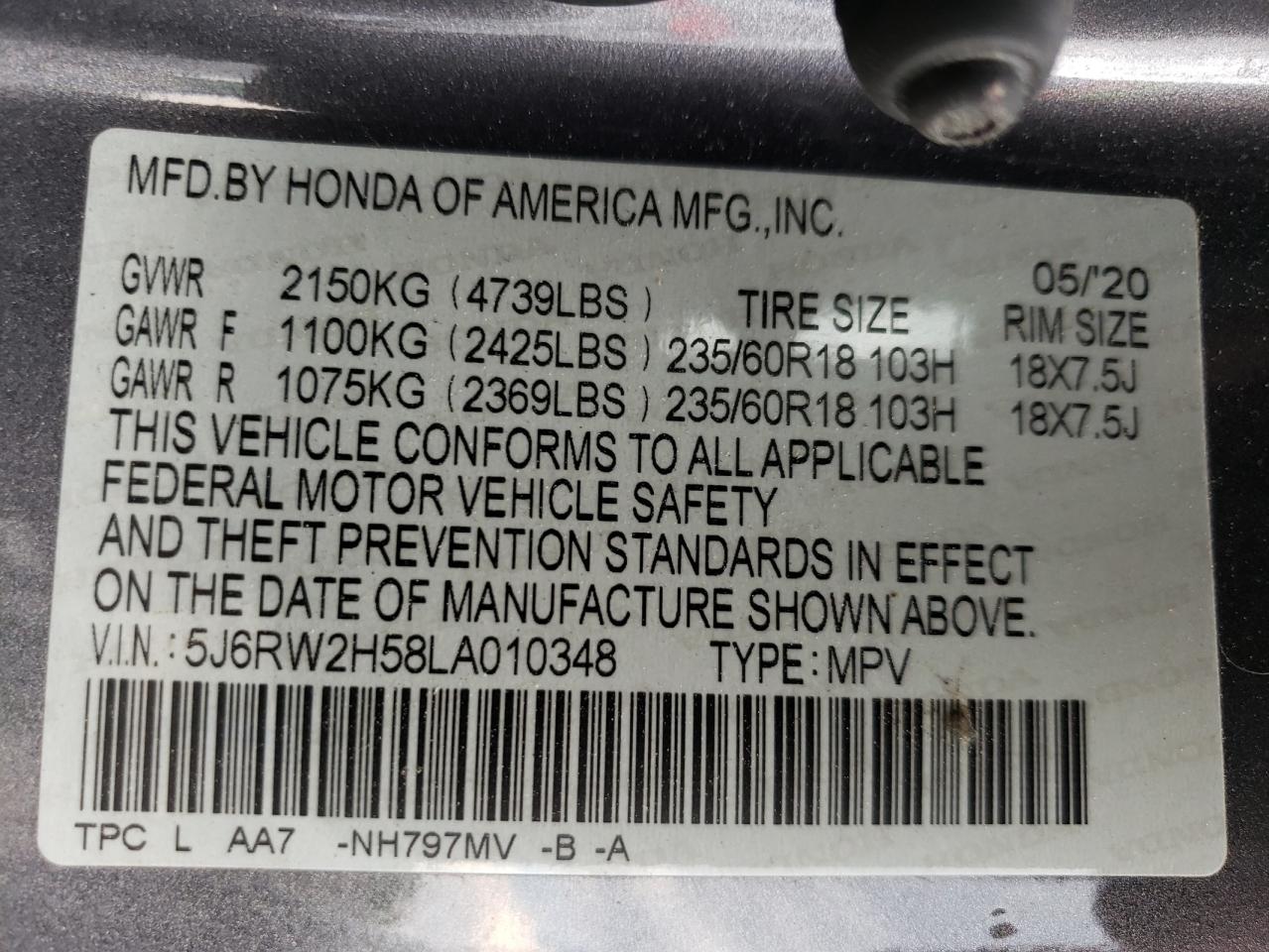 5J6RW2H58LA010348 2020 Honda Cr-V Ex