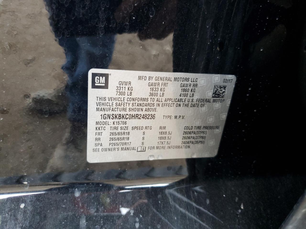 1GNSKBKC0HR248236 2017 Chevrolet Tahoe K1500 Lt