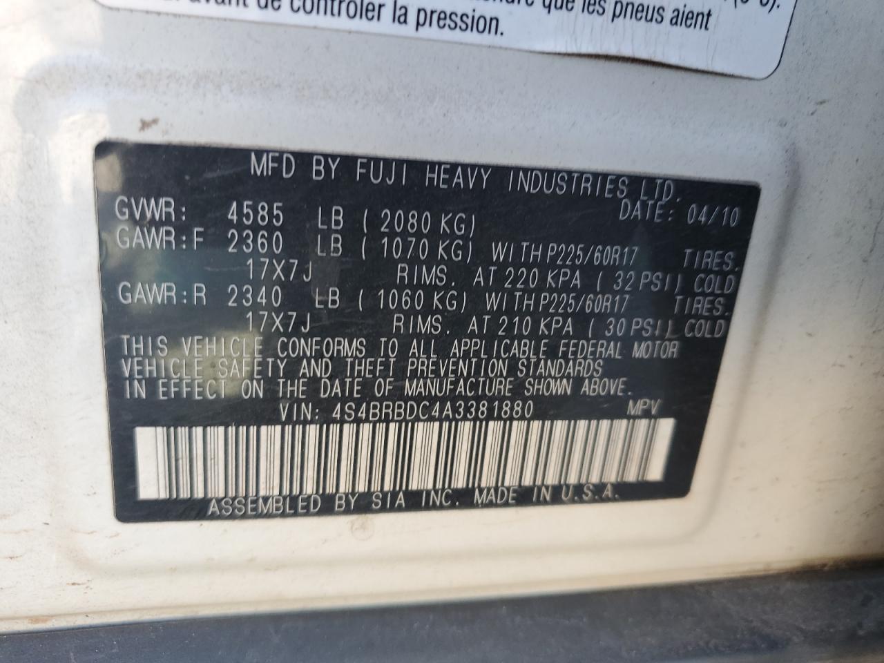 4S4BRBDC4A3381880 2010 Subaru Outback 2.5I Premium