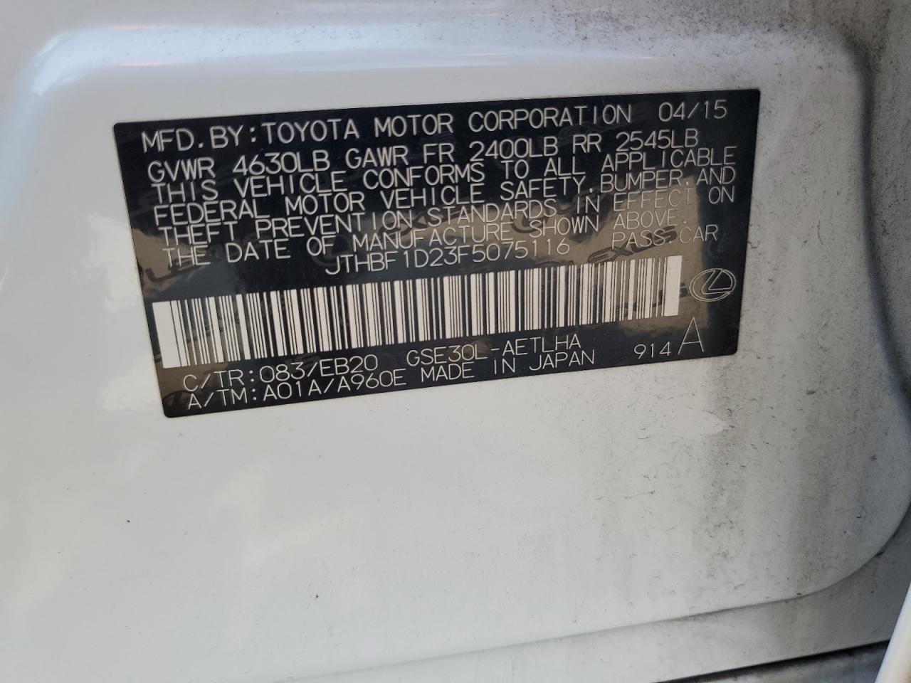 JTHBF1D23F5075116 2015 Lexus Is 250