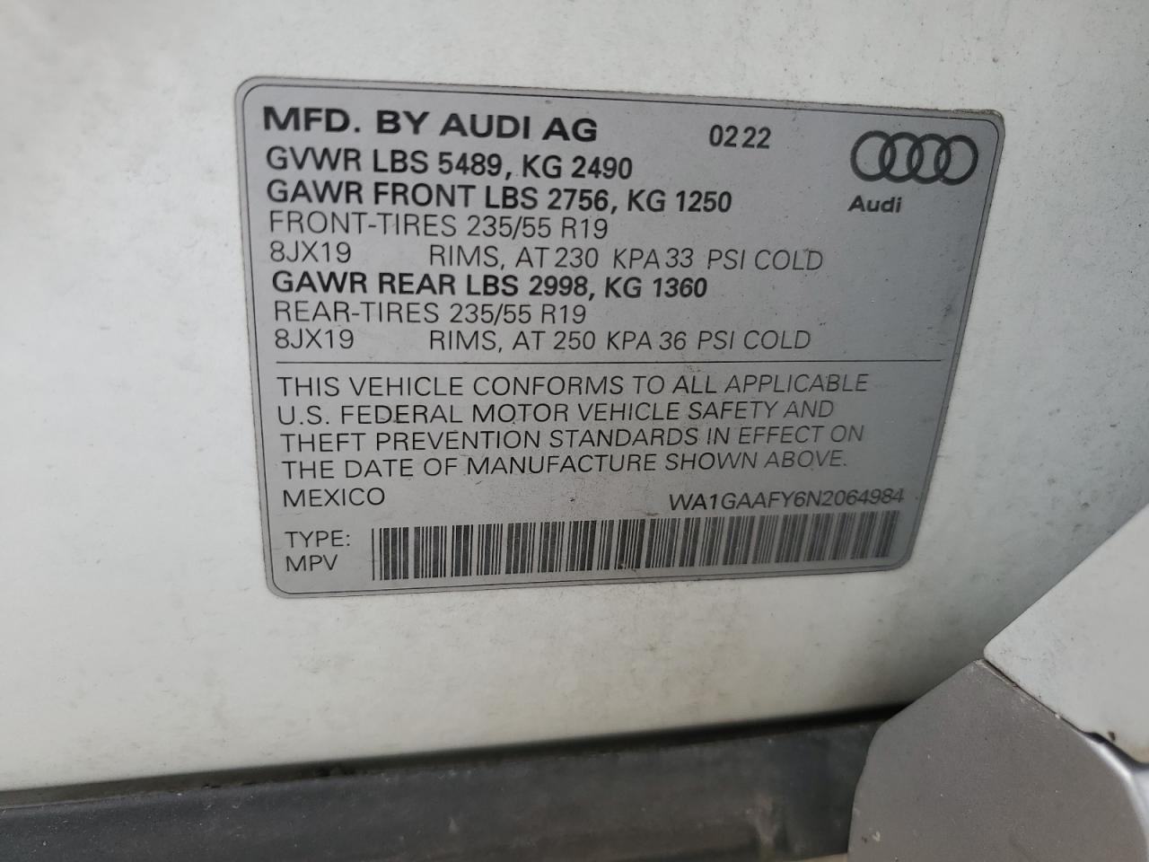 WA1GAAFY6N2064984 2022 Audi Q5 Premium 45