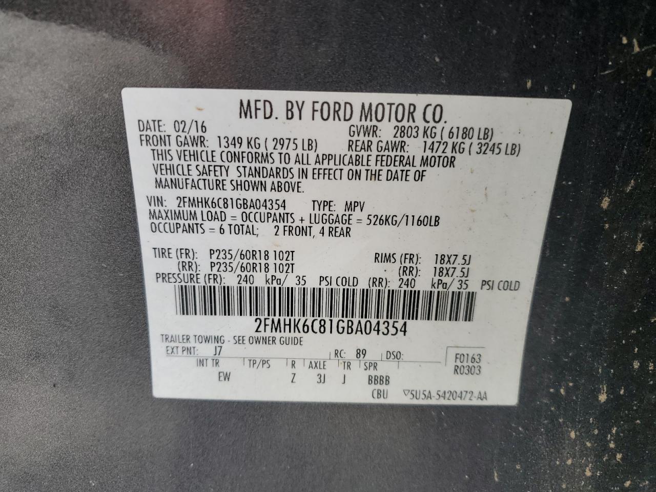 2FMHK6C81GBA04354 2016 Ford Flex Sel