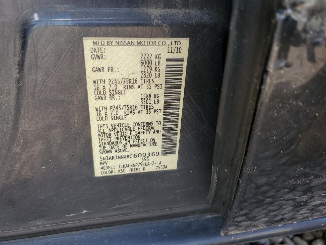 5N1AR1NNXBC609369 2011 Nissan Pathfinder S