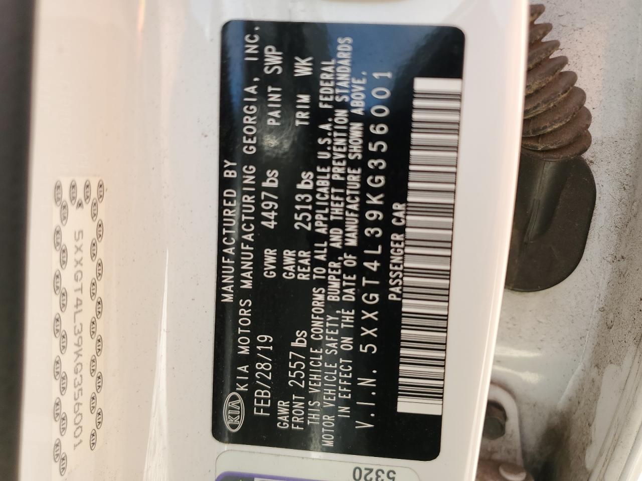 5XXGT4L39KG356001 2019 Kia Optima Lx