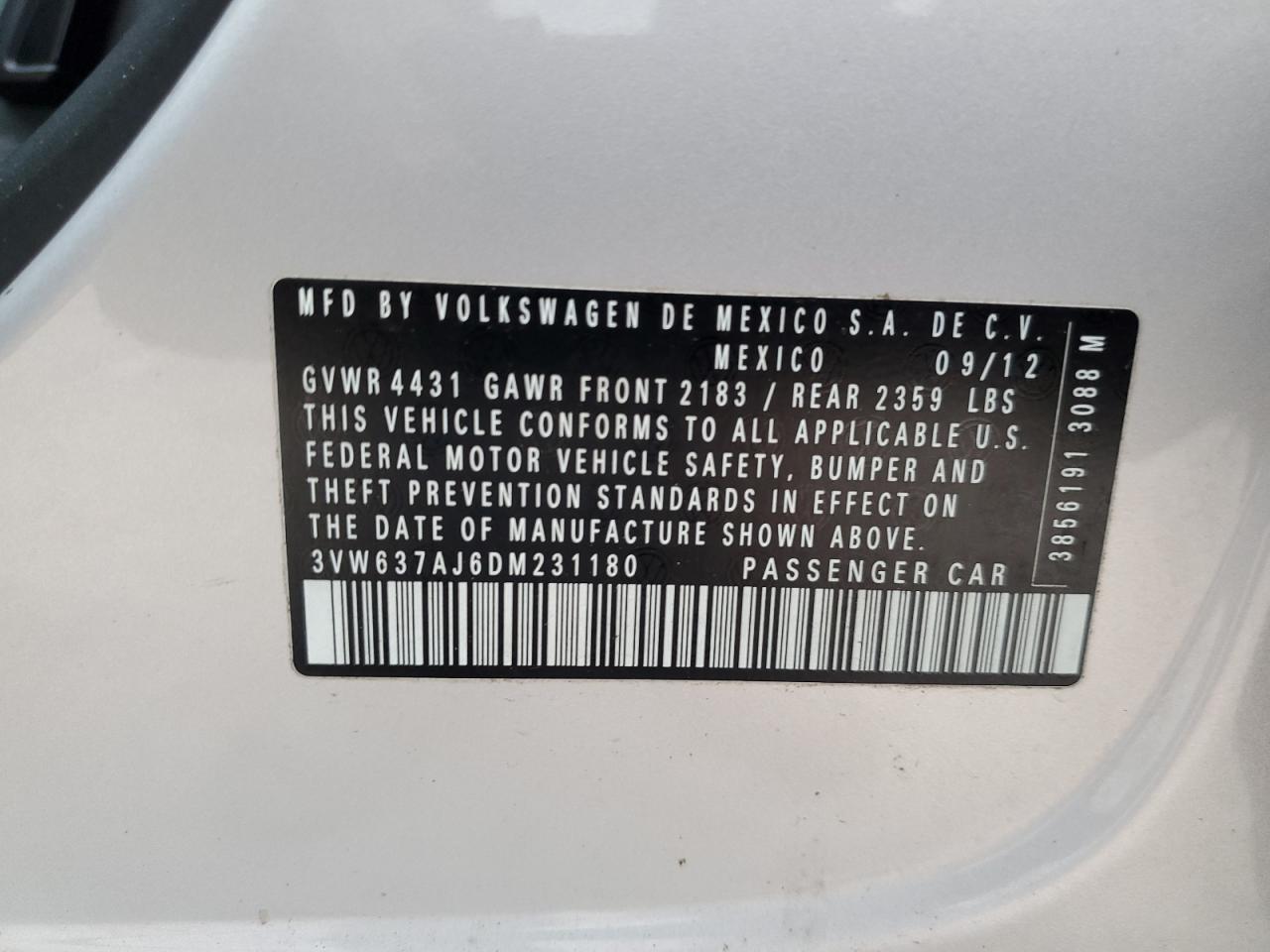 3VW637AJ6DM231180 2013 Volkswagen Jetta Hybrid