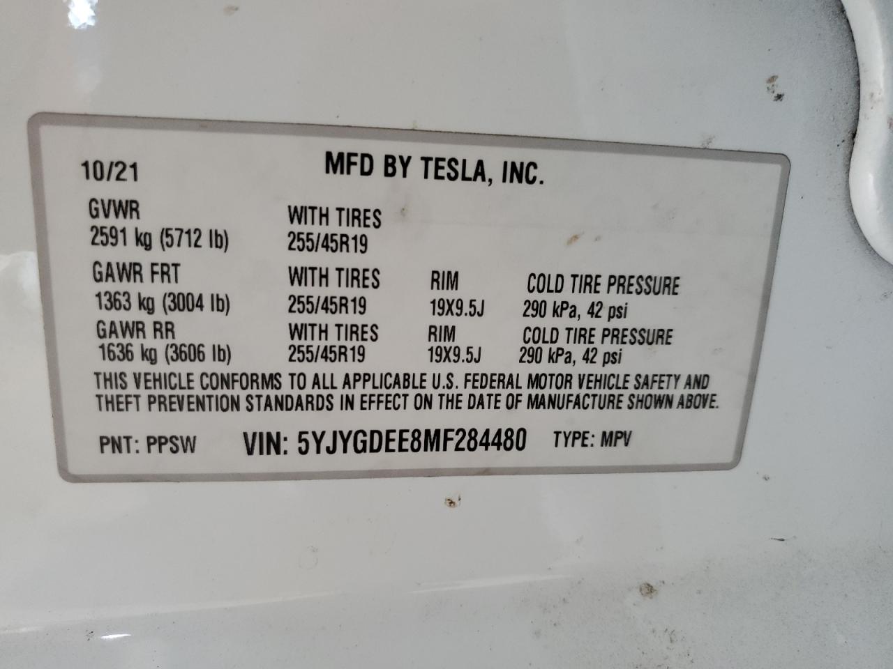 5YJYGDEE8MF284480 2021 Tesla Model Y