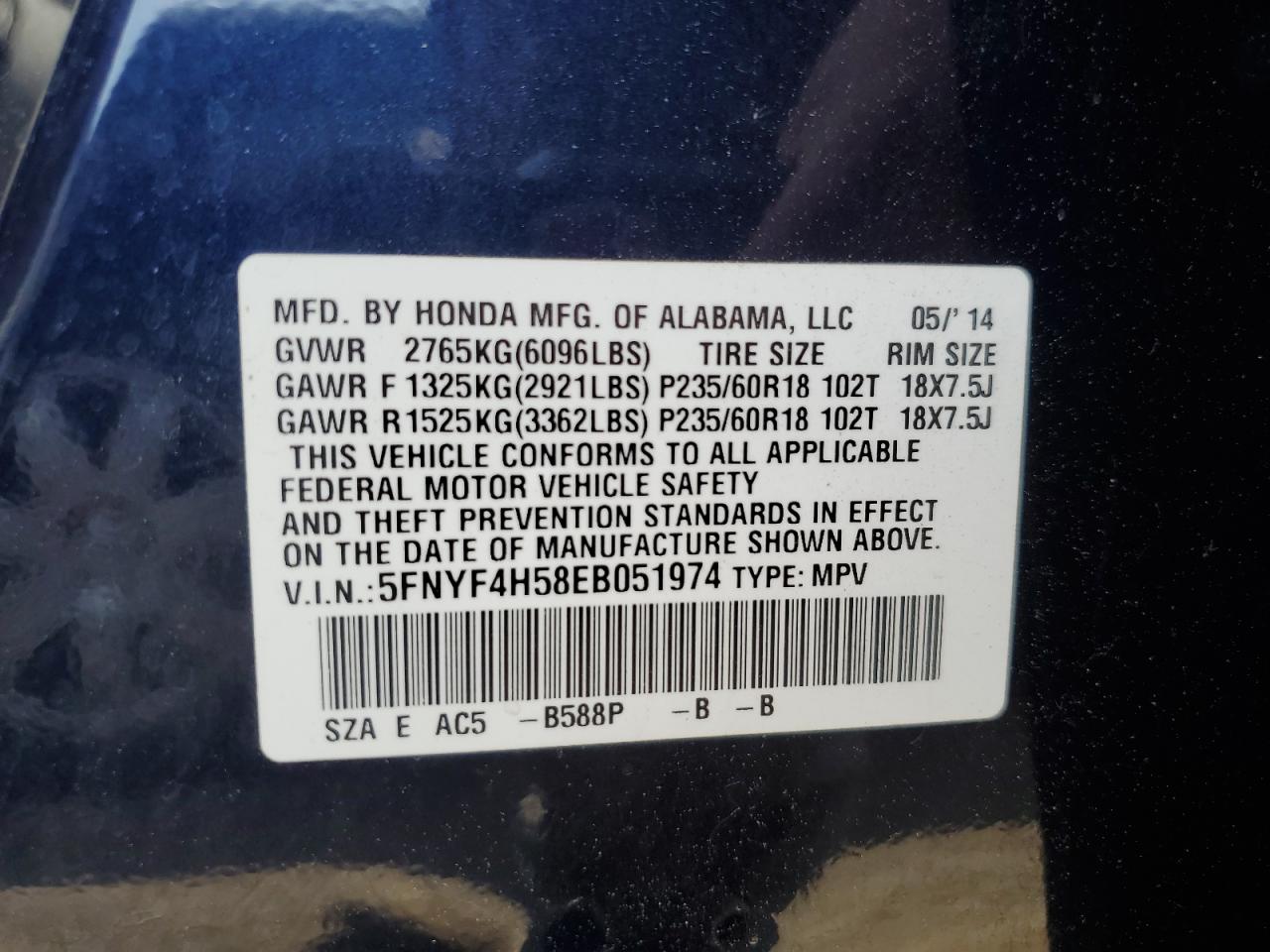 5FNYF4H58EB051974 2014 Honda Pilot Exl