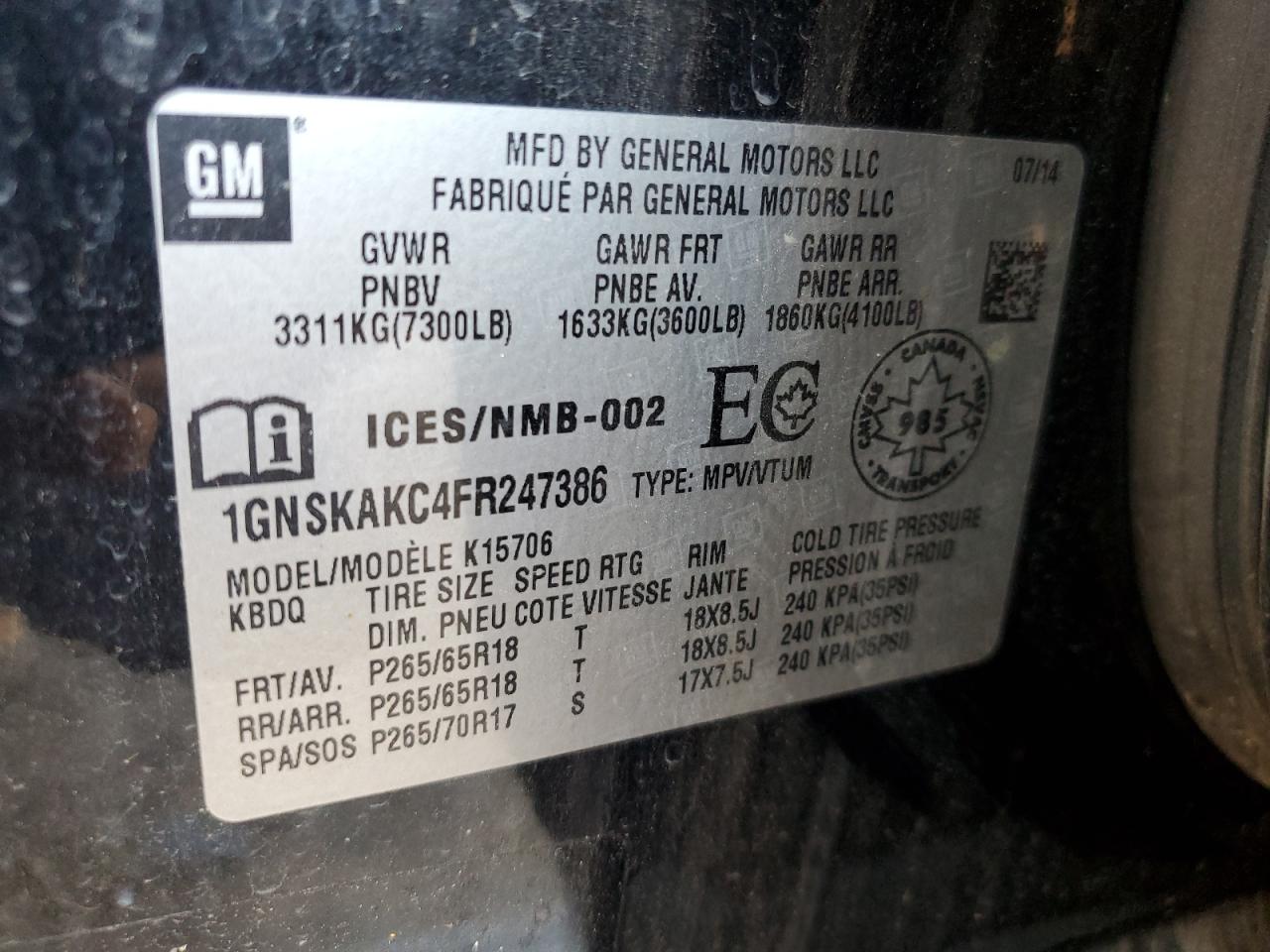 1GNSKAKC4FR247386 2015 Chevrolet Tahoe K1500 Ls