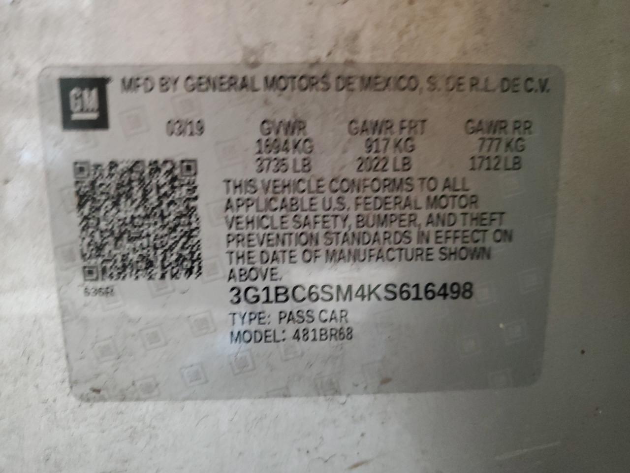 3G1BC6SM4KS616498 2019 Chevrolet Cruze Ls