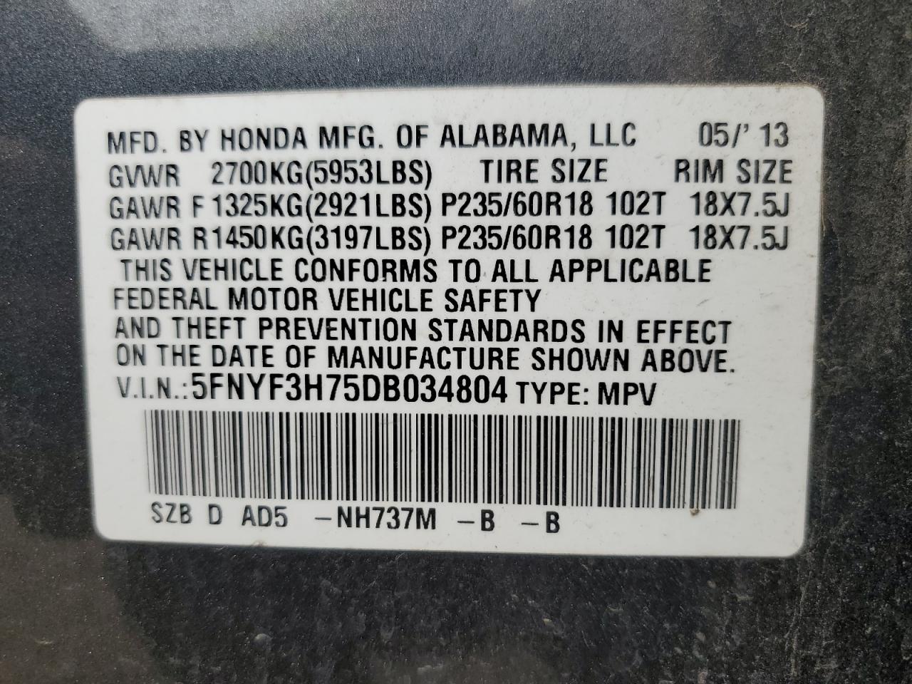 5FNYF3H75DB034804 2013 Honda Pilot Exln