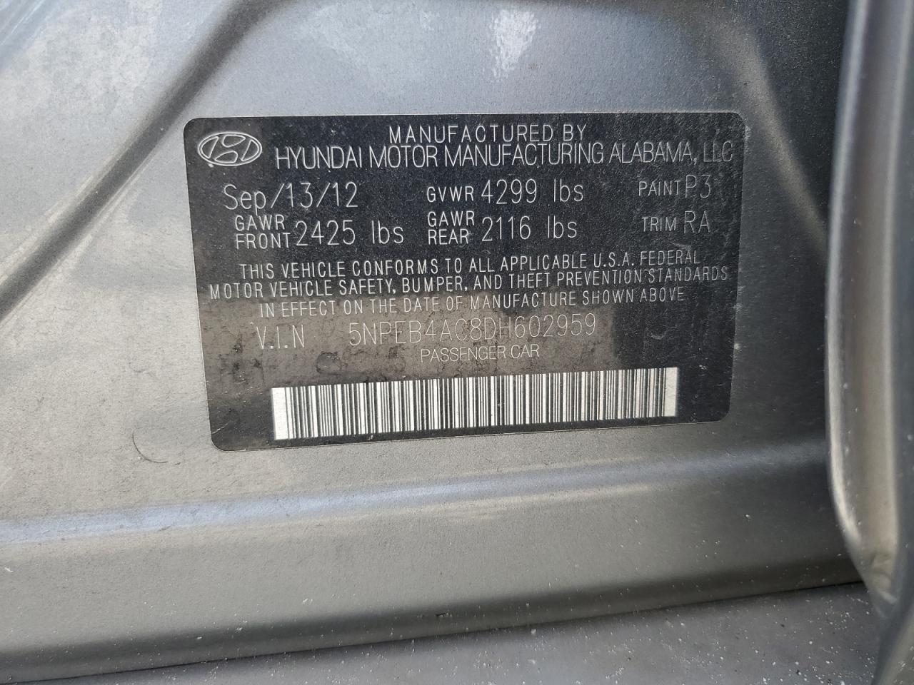 5NPEB4AC8DH602959 2013 Hyundai Sonata Gls