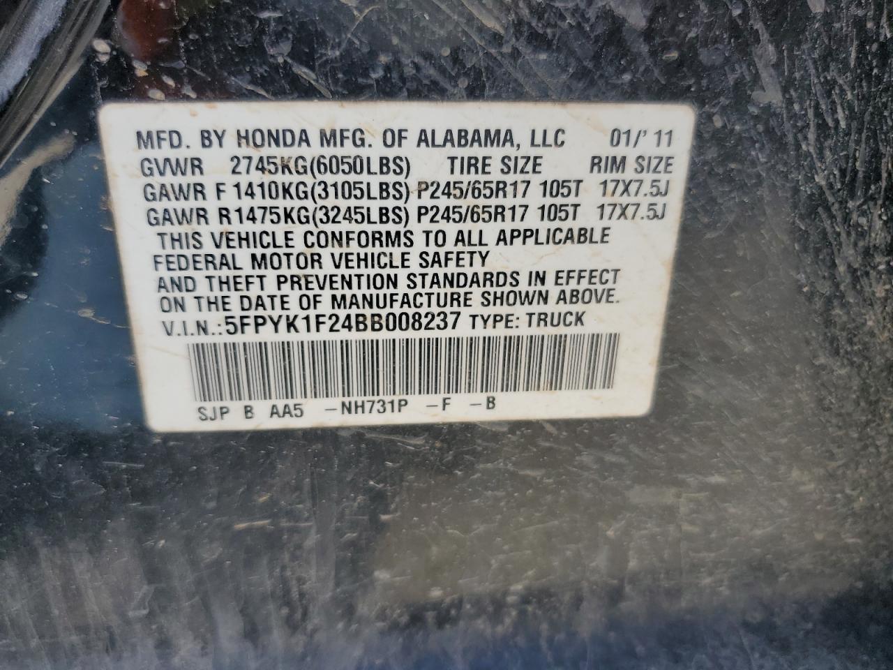 5FPYK1F24BB008237 2011 Honda Ridgeline Rt