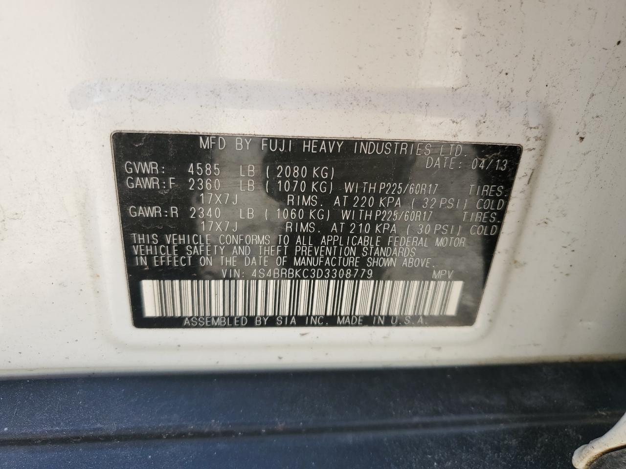 4S4BRBKC3D3308779 2013 Subaru Outback 2.5I Limited