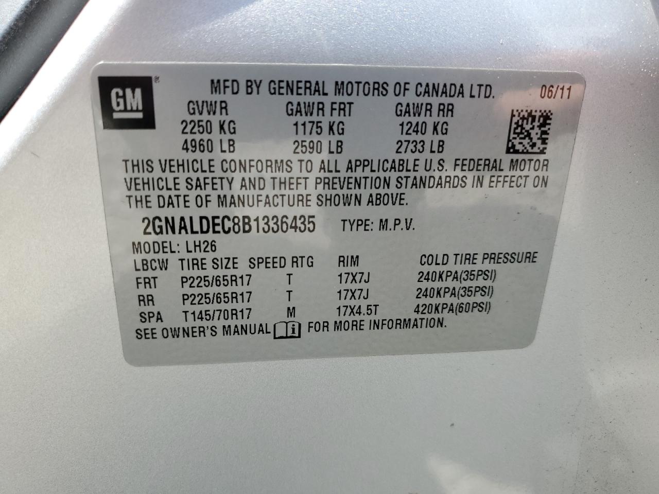 2GNALDEC8B1336435 2011 Chevrolet Equinox Lt