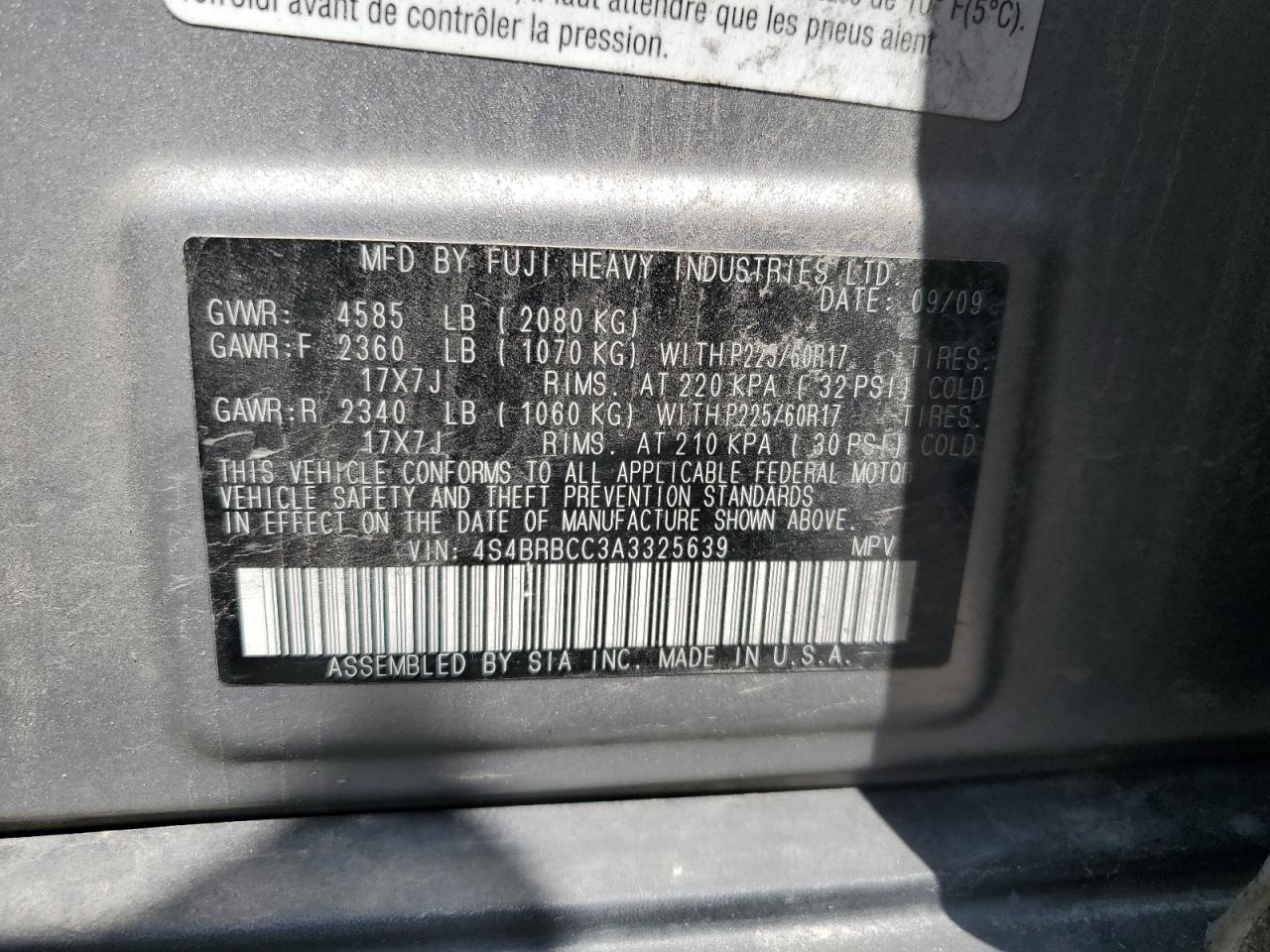 4S4BRBCC3A3325639 2010 Subaru Outback 2.5I Premium