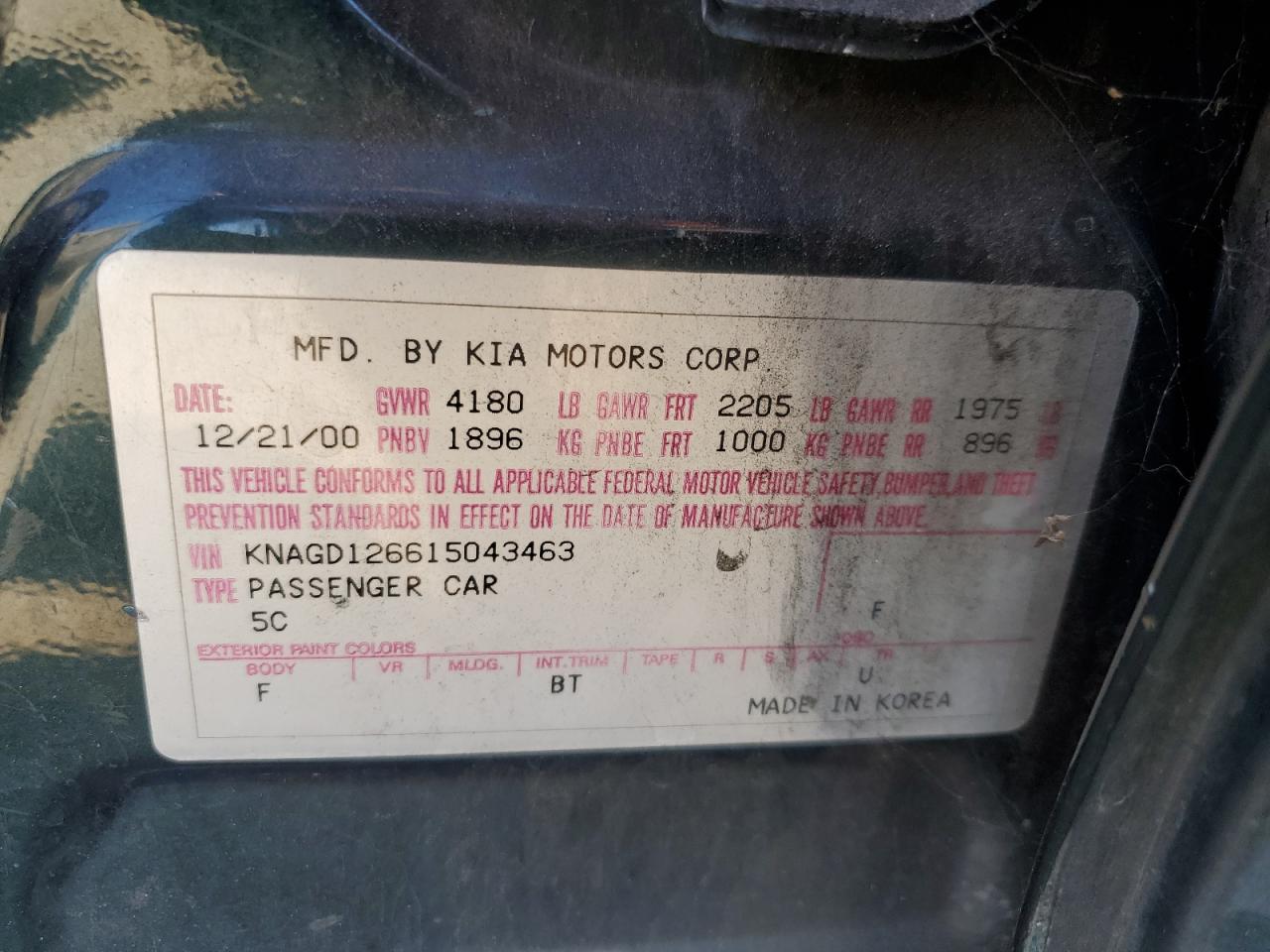 KNAGD126615043463 2001 Kia Optima Magentis