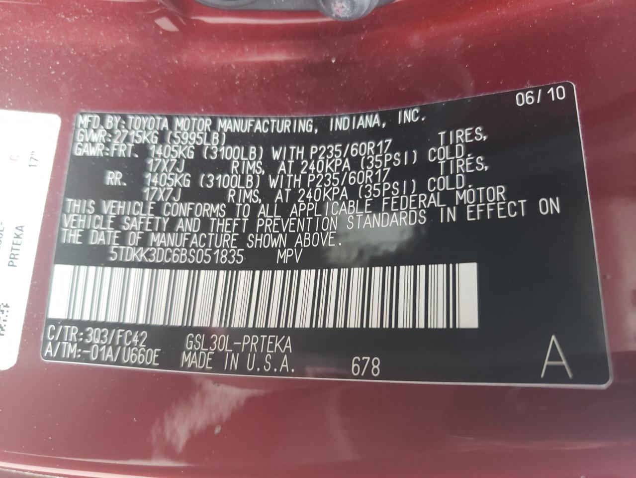 5TDKK3DC6BS051835 2011 Toyota Sienna Le